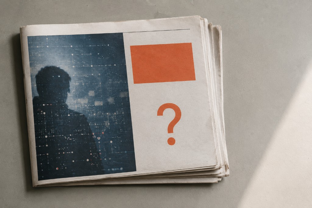 Newspaper stack with a digital silhouette graphic and a large orange question mark