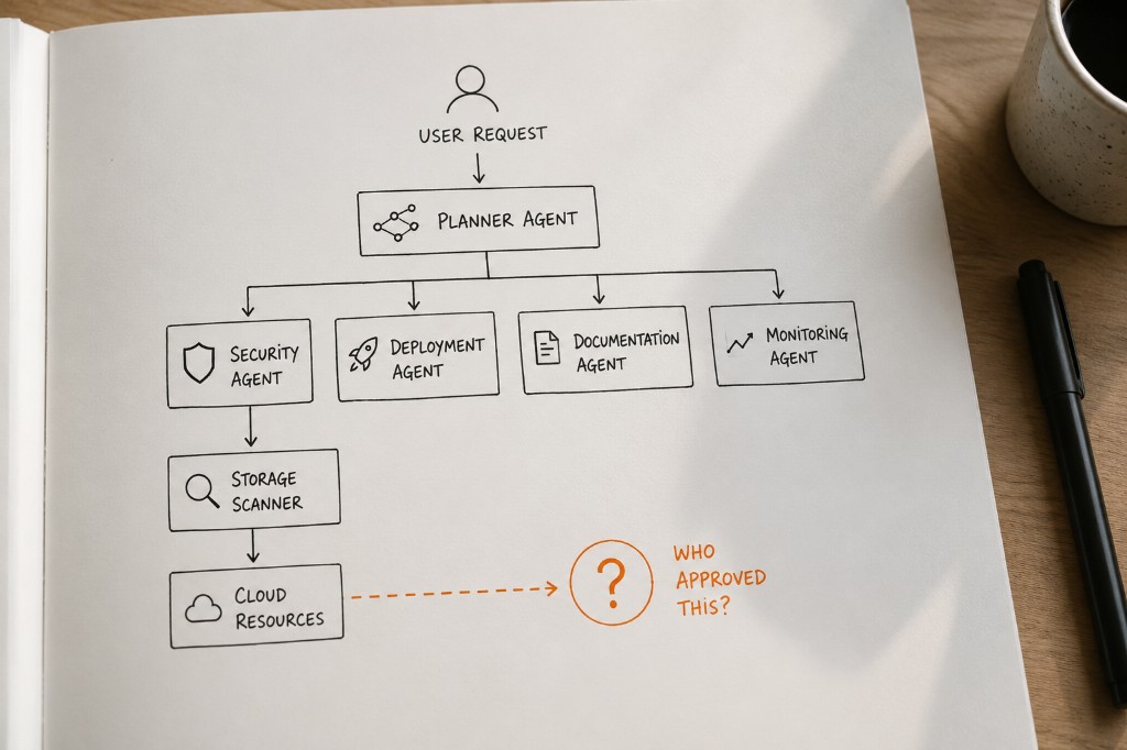 Notebook sketch of a planner agent delegating to specialized agents, ending at cloud resources with who approved this