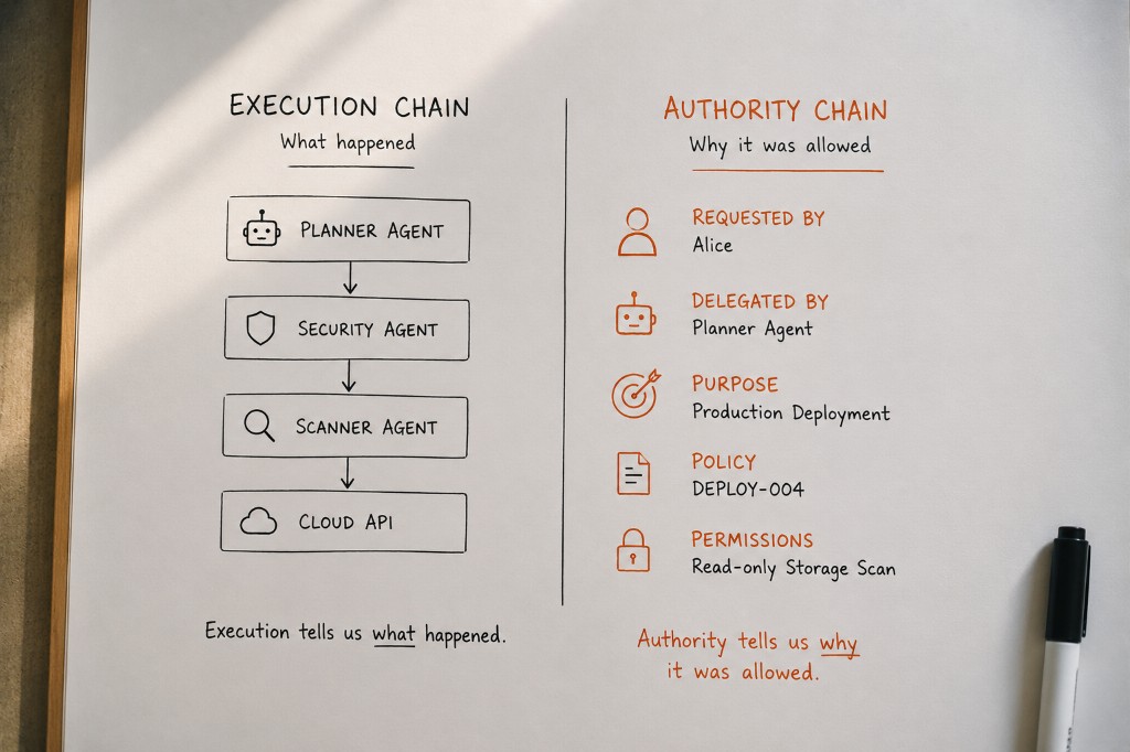 Whiteboard comparing execution chain versus authority chain for multi-agent actions