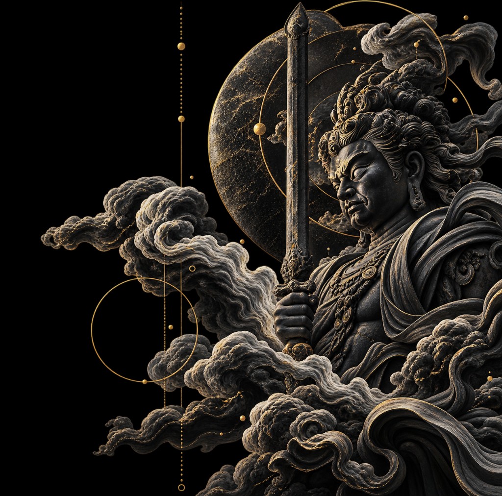 Stone guardian holding a sword on a black field with gold geometric marks