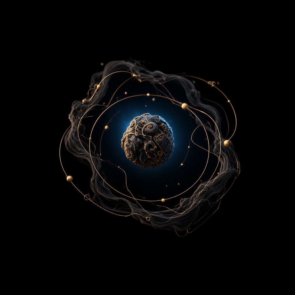Dark core with faint orbital rings recorded in black space
