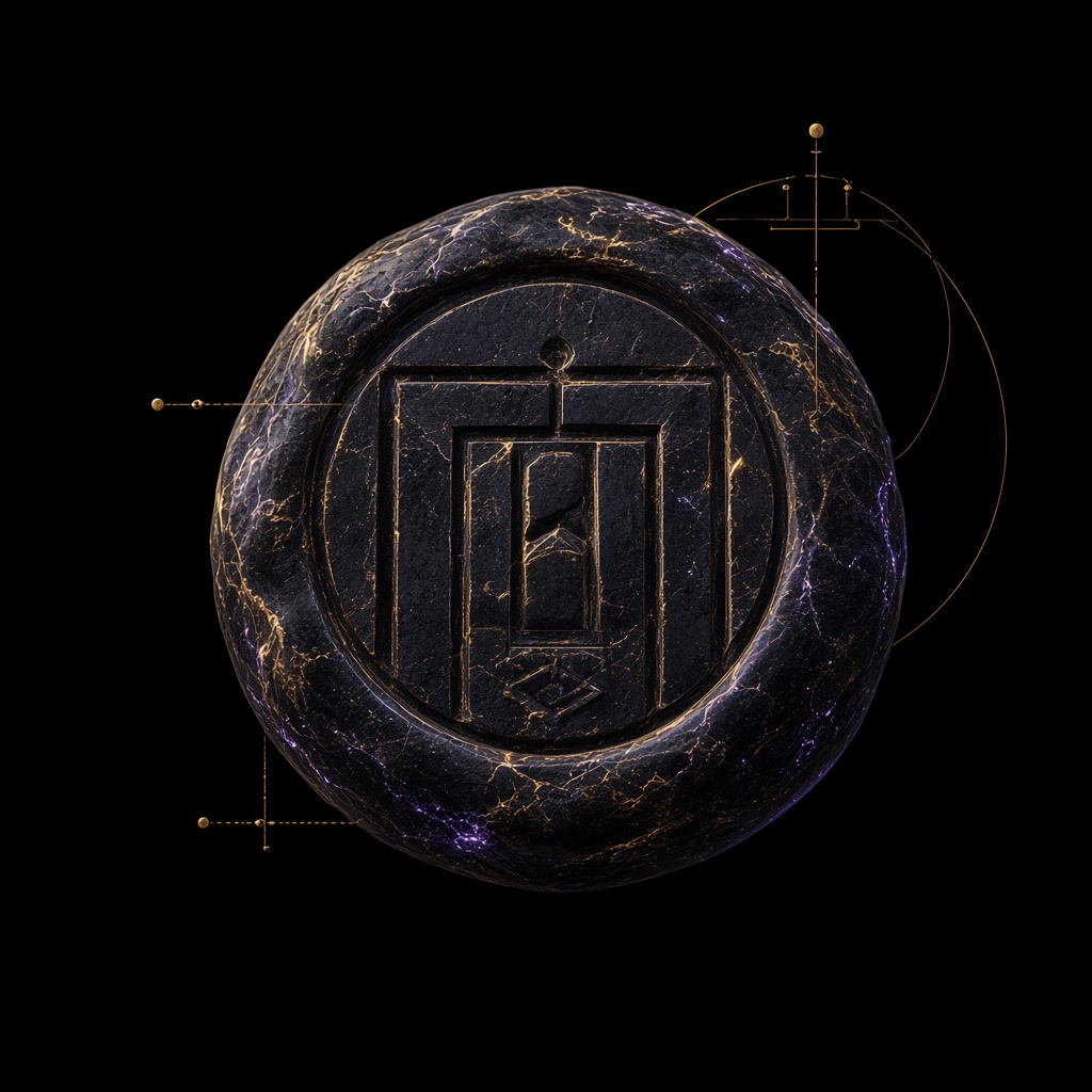 Sealed dark stone tablet hanging in black space like finished evidence
