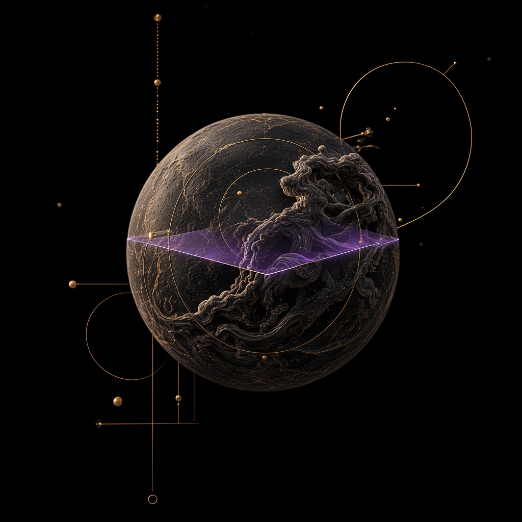 Dark metallic sphere found in black space, marked by thin scan lines