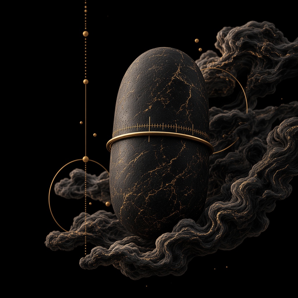 Dark stone vessel suspended in black space, classified as a specimen