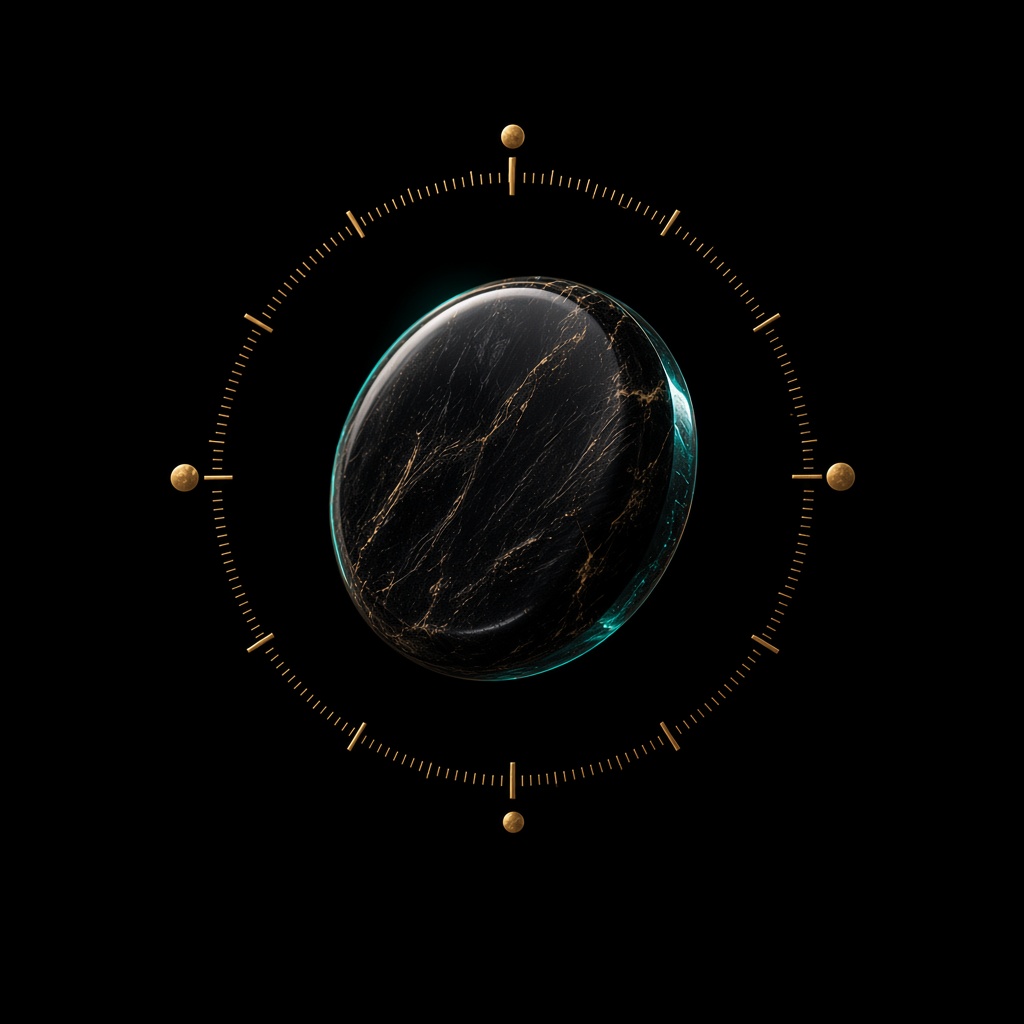 Dark disc hanging in black space with quiet calibration marks