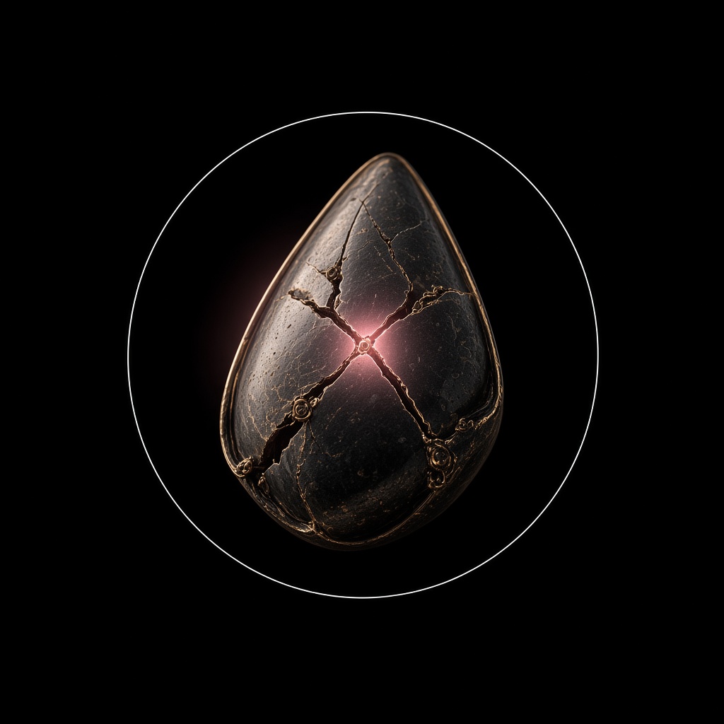 Dark specimen with a hairline fracture and a faint targeting ring