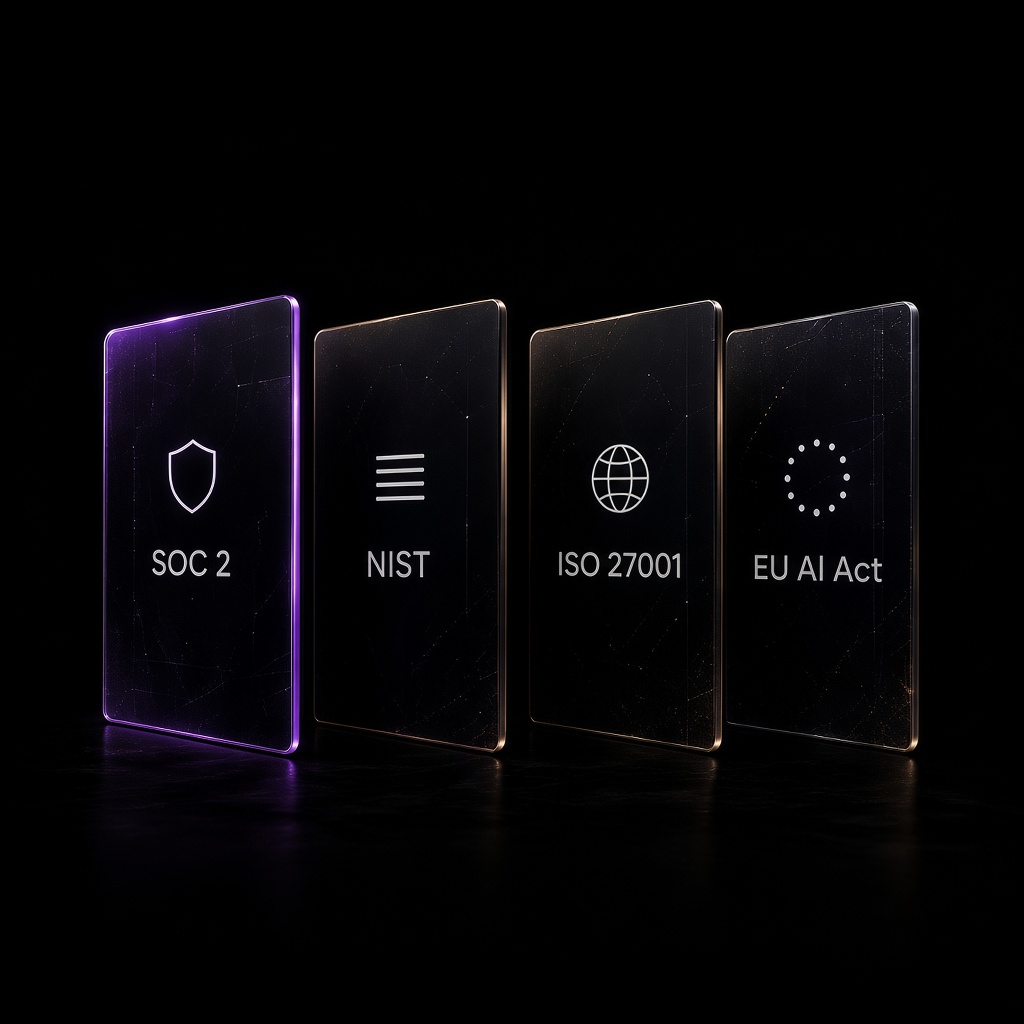 Glass cards for SOC 2, NIST, ISO 27001, and EU AI Act