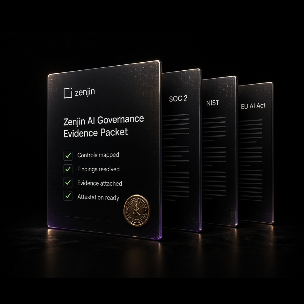 An audit-ready evidence packet stacked over mapped frameworks