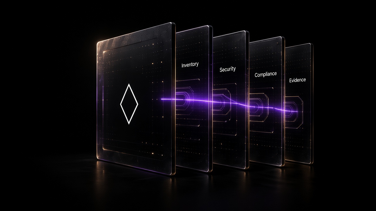 Glass panes for inventory, security, compliance, and evidence joined by a violet beam