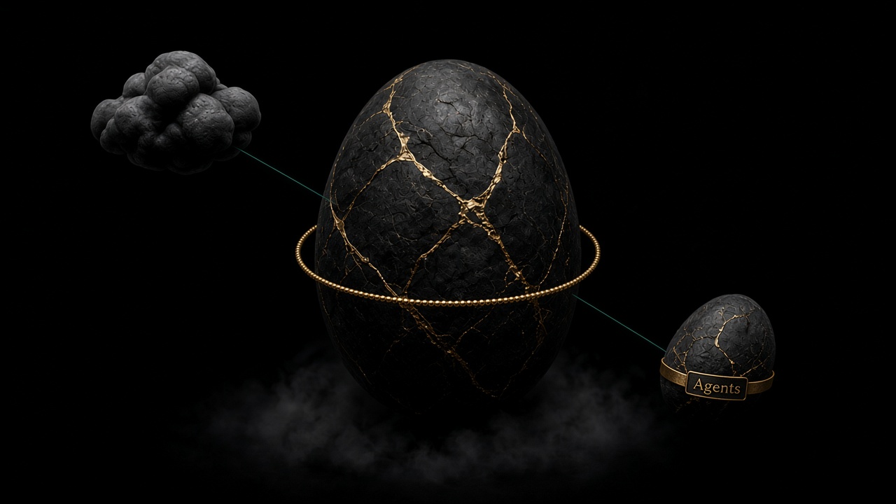 A large central store with an unlabeled cloud and Agents on a gold band on opposite diagonals