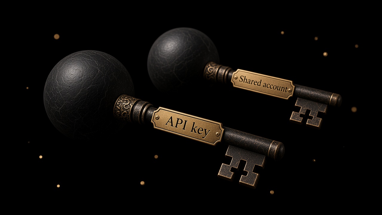 A human API key and a shared-account key with agent spheres as the handles