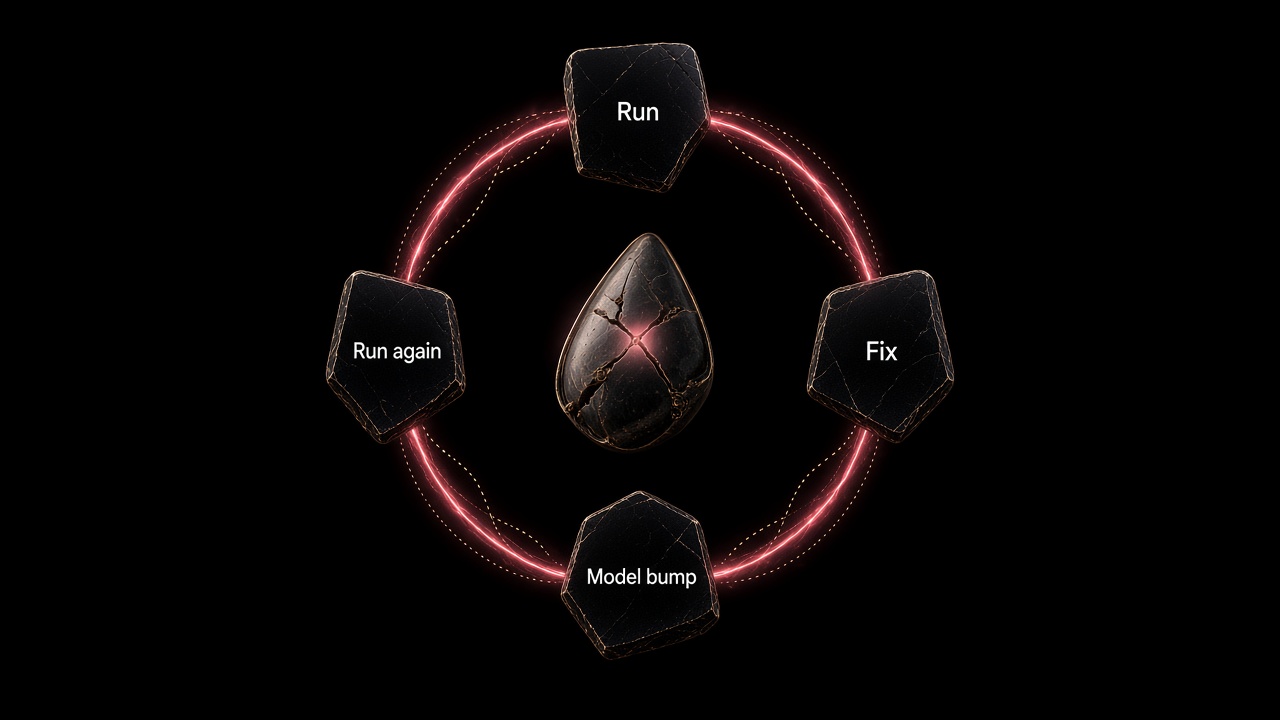 A loop of Run, Fix, Model bump, and Run again around a cracked rose core