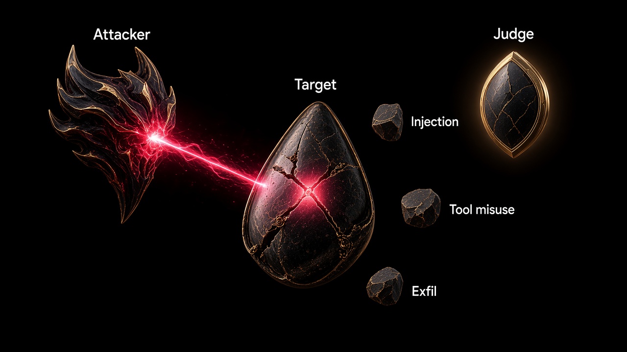 Attacker probing a target with injection, tool misuse, and exfil while a judge watches