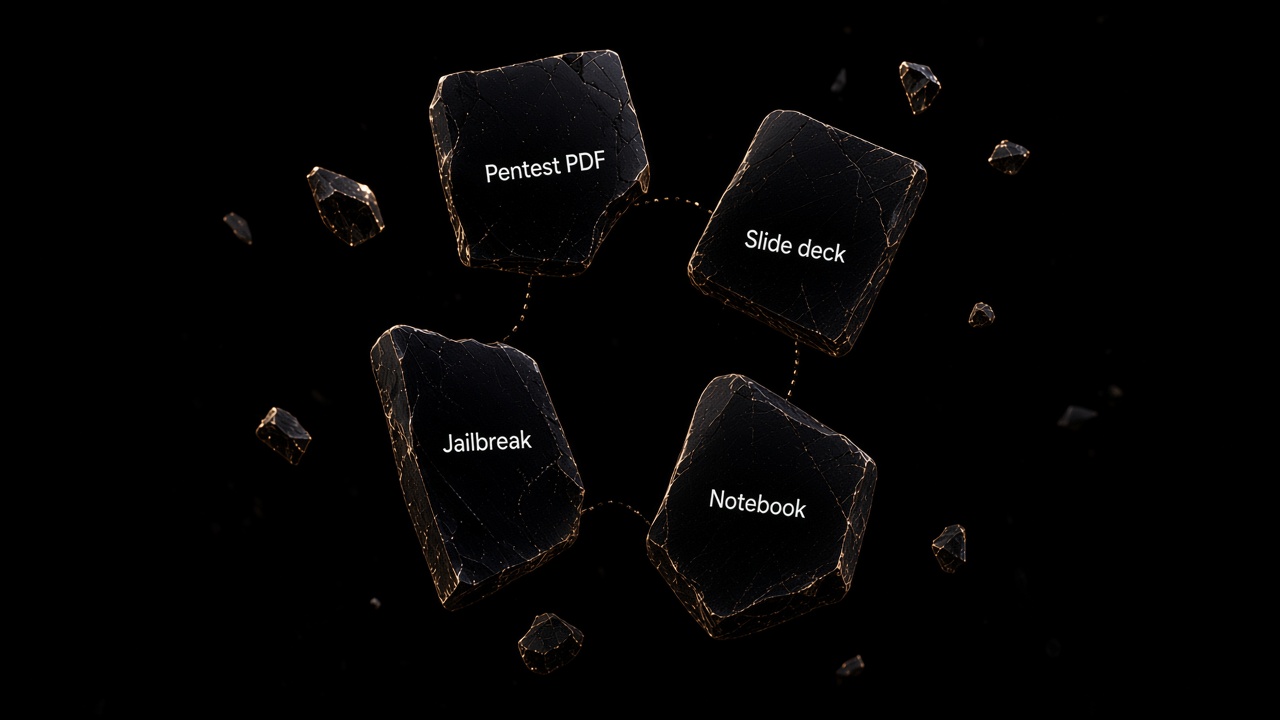Spent stone tablets labeled Pentest PDF, Slide deck, Jailbreak, and Notebook